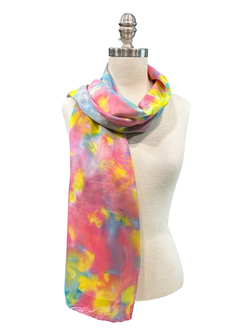Hand Dyed Blue, Pink, Yellow Silk Scarf NWT